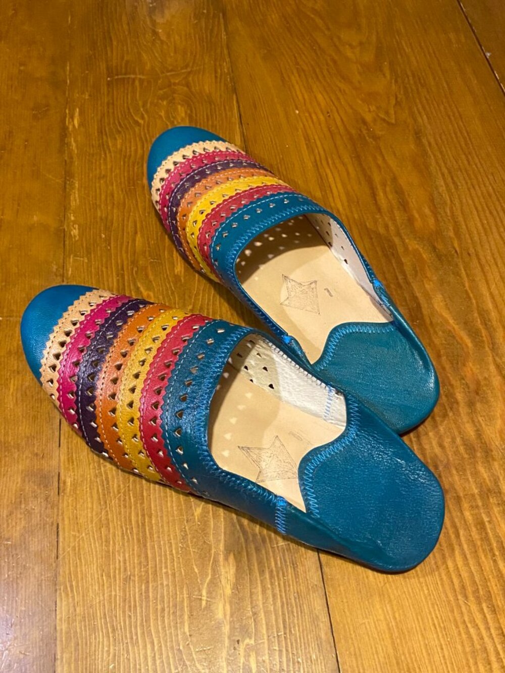 Women's Fall Rainbow Moroccan Leather Babouche House Slippers Mules Sz 7 Boho